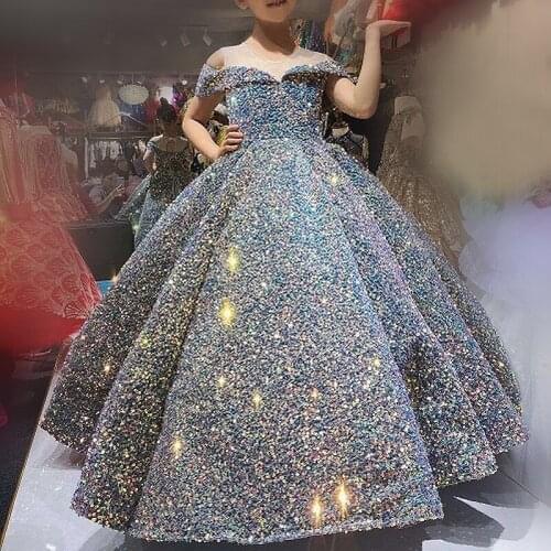 Colorful Sequined Ball Gown Flower Girls Dress Off Shoulder Short Sleeve Glitter Sparkly Sequins Children Pageant Gowns Birthday