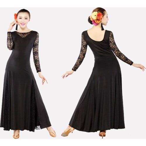 FEECOLOR Womans Modern Latin Waltz Tango Chacha Lace Embroidered Long Sleeves Dance Dresses Stage Custume
