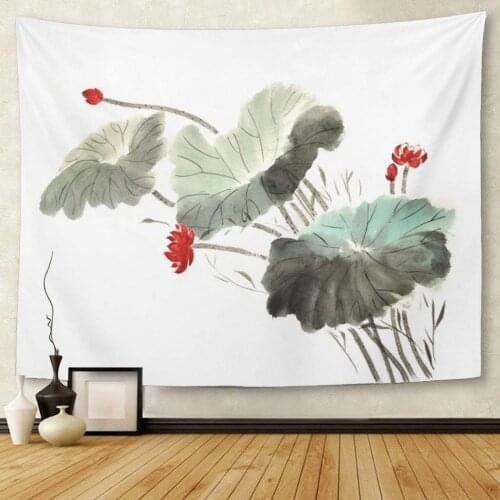Black Ancient Chinese Style Drawings Sketches Lotus Water Lily Japanese Brush Tapestry Wall Hanging for Living Room Bedroom Dorm