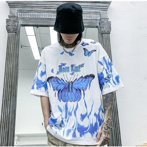 Blue Flame Butterfly T Shirt Half Sleeve Women Harajuku Hip Hop Short Sleeve Tee Casual Tops Streetwear Oversized T Shirt Cotton