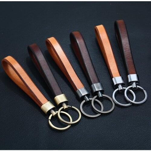 Antique Simple Design Mens Womens Keychain Ring Black Brown OX Real Leather Chains Key Chain Jewelry Gifts