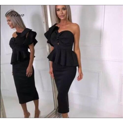 4 Color Women Sets One Shoulder Bow Top Mid Calf 2 Pieces Elegant Evening Party Sets