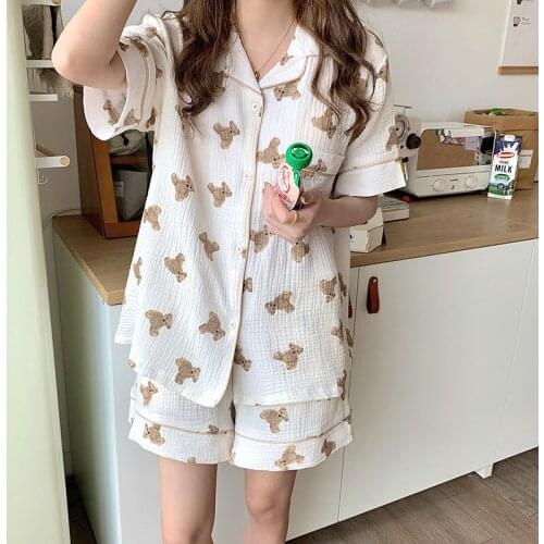 Cartoon Bear Summer Pajamas Set Women Cotton Turn-down Collar Home Suit Soft Single Breasted Kawaii Shirts + Shorts Sleepwear