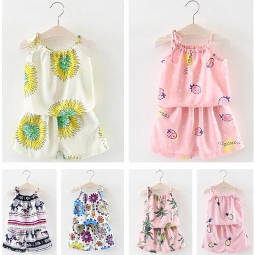 Summer Girls Wear 2 Piece Set Cotton Sling Belt Girls Clothing Set