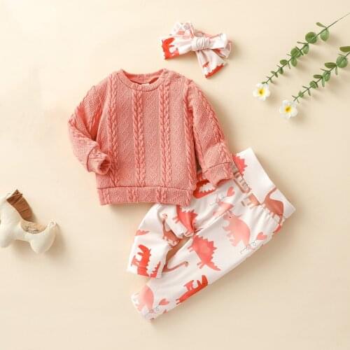 0-3Y Fashion Baby Girls Clothes Sets Pink Long Sleeve Knitted Sweater Tops+Dinosaur Print Pants+Headband 3pcs Autumn