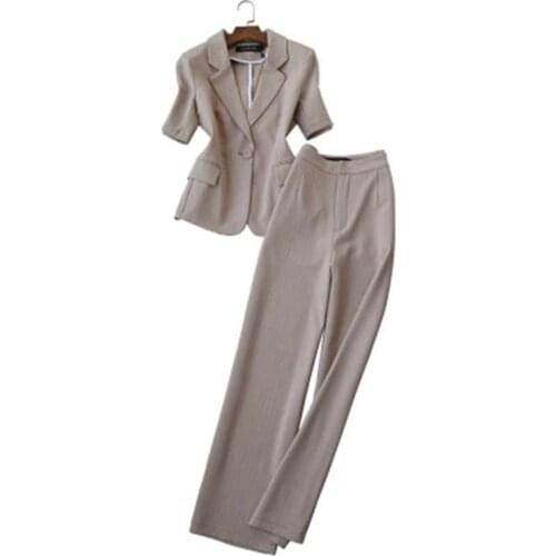 Fashion stripe suit female summer New Temperament Slim Half Sleeve Blazer + High Waist Wide Leg Pants Two-Piece suits women