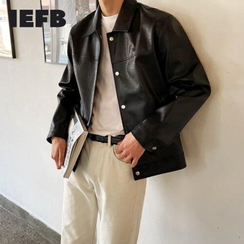 IEFB Mens Clothing Single Breasted PU Leather Jacket Korean Fashion Casual Autumn 2021 Vintage High Quality Black Coat 9Y4300