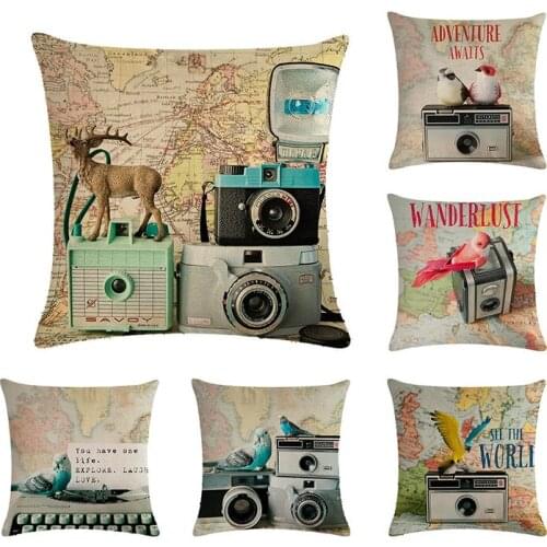 Pillowscase Camera Printed Cushion Cover for Sofa Car Cotton Linen Throw Pillow Cover Squar Home Decor Map Cushion Cover