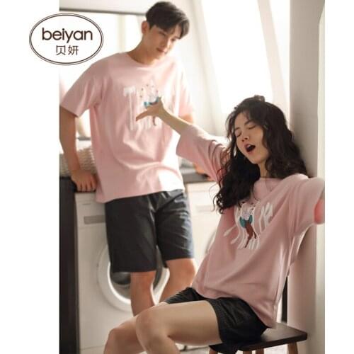 2019 Pure Cotton Lovers Pajamas Cute Cartoon Woman Leisurewear Loose Famales Or Mens Suits Short Sleeves Lovers Sleepwear Set