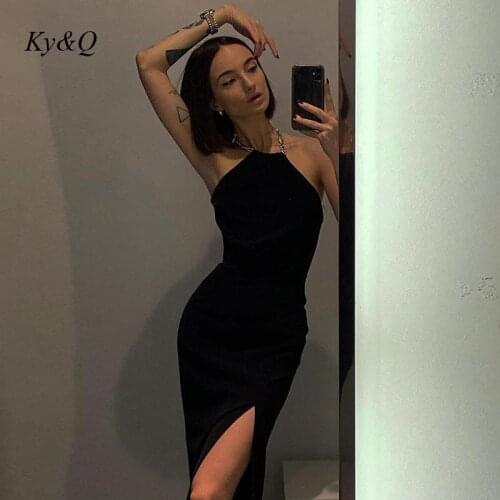 Unique Design Chain Halter Dress Black Open Back Women Sexy Slim Elegant Temperamental Split Dresses Brand Female Clothes