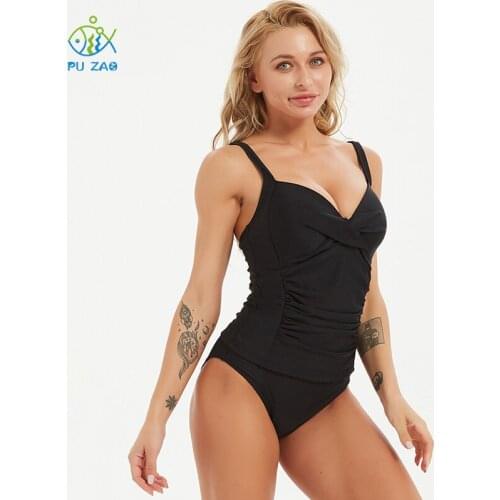 PUZAO Two-Piece Suit Solid Black Swimwear Push Up Tankini Twisted Bikini High Waist Adjustable Shoulder Strap Female Bodysuit