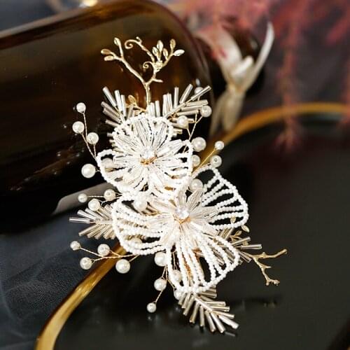 Pearls Flower Bridal Hair Clip Comb Gold Leaf Women Headpiece Hair Ornament Wedding Accessories