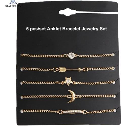 Starbeauty 5 pcs/lot New Round Crystal Star Anklet Bracelet Women Cute Arrow Moon Bracelet Simple Love Bracelets Jewelry Gifts