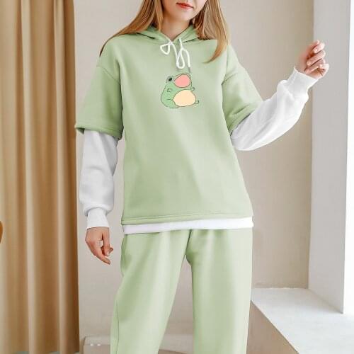 Thermal Oversized Sweatshirt Harajuku Kawaii Frog Hoodie Color Block Hoodies Pullover Casual Fashion Clothes for Teens Girls Top