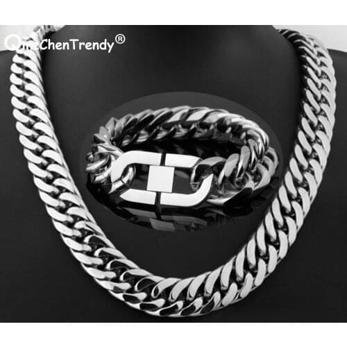 Hip hop Heavy Cuban Chains Men Punk Necklace Bracelet Thick Stainless Steel Long Big Chunky hiphop Choker Link Jewelry Sets Gift