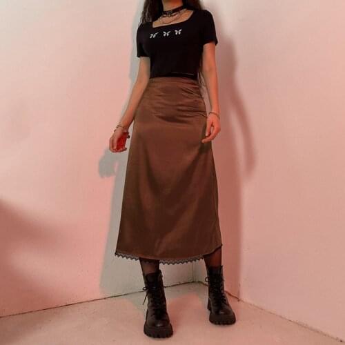 Vintage 90s Plaid Y2K E-Girls Streetwear High Waist Brown Midi Skirts Indie Aesthetics Printing A-Line Long Skirt 2021 Summer