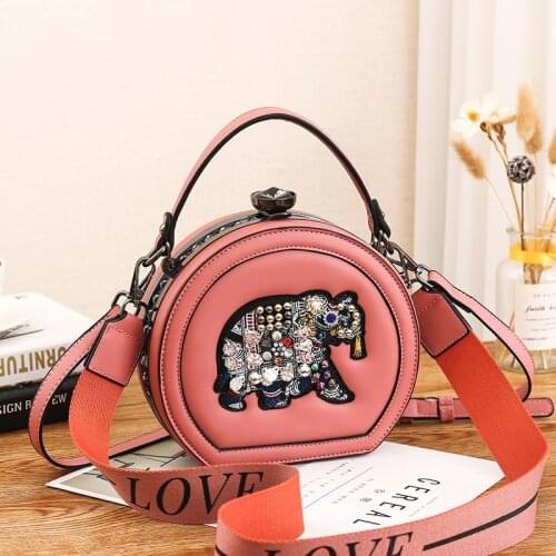 Vintage Women Embroidery Bags Casual Wide Shoulder Strap Circular Bag Street OL Diamond Ladies PU Leather Handbag Crossbody Bags