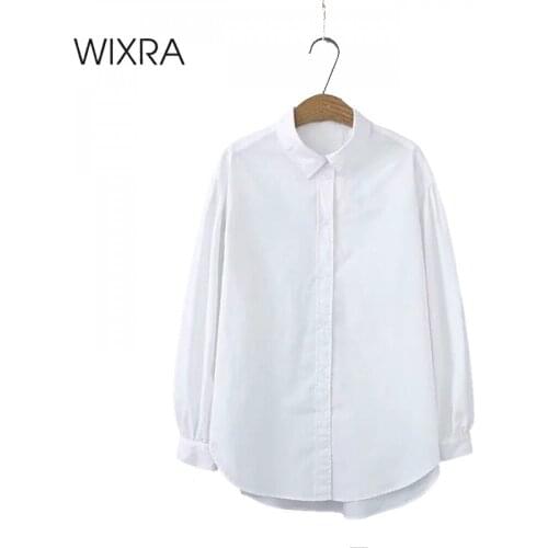 Wixra Womens Solid White Shirts Cotton Long Sleeve Casual Office Lady All-Match Blouse Autumn Spring Classic Tops