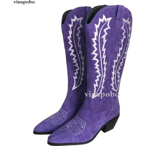 Cowboy Boots Women Embroidery Western Ankle Booties Female High Heels Shoes Purple Ladies Square Toe Sewing Shoes Winter size 43