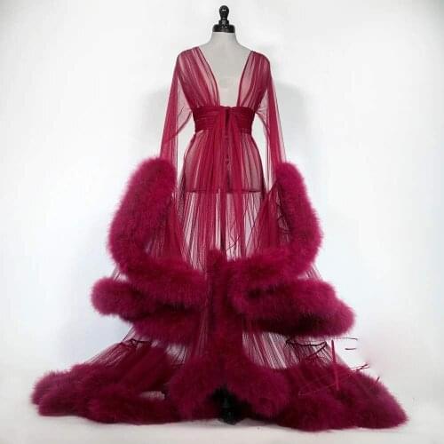 Fashion Bathrobe Womens Feather Bath Gown Tulle Illusion Long Bridal Robe Wedding Nightgown