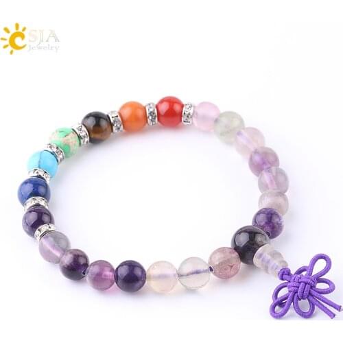 CSJA Natural Stone Purple Fluorite Bracelet Chakra Reiki Crystal Bead Yoga Women Bracelets Buddha Chinese Knot Charm Bangle F574