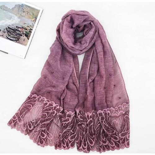 Women Lace Floral Hijab Scarf Pearls Shawls Scarves Muslim Long Wraps Fashion Islamic Large Turban Female Headband 180*80cm 1PC
