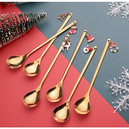 12Pcs Stainless Steel New Year 2021 Christmas Pendant Spoons Xmas Home Party Table Ornaments Coffee Decorations Gift Tableware
