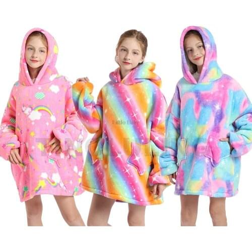 2021 Winter Super Warm Loose Kigurumi Pajamas Rainbow Unicorn Girls Sleepwear Kids Polar Fleece Flannel Robes Kids Clothing