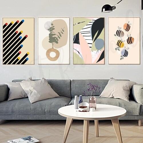 Abstract Colorful Dot Wall Art HD Leaves Canvas Painting Nordic Posters and Prints Cartoon Bees Wall Pictures for Room Decor