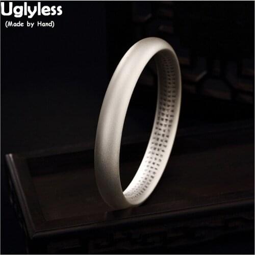 Uglyless Real 99.9% Full Silver Close Bangles 58-62MM Diameter Unisex Frosted Heart Sutra Bangles Buddhism Wide Thick Bracelets