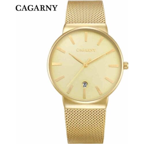 CAGARNY Men Steel Bracelet Watch Mesh Strap Ultra Thin Style Hand Watches Top Brand Luxury Quartz Clock Calendar Wristwatches