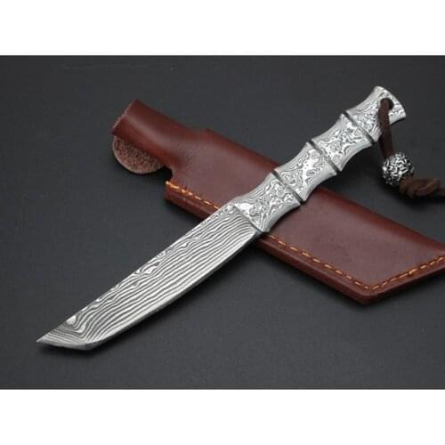 The Little Warrior One-piece Steel Straight Fixed Blade Knife Damascus Blade Bamboo Handle Tactical Pocket EDC Survival Tool