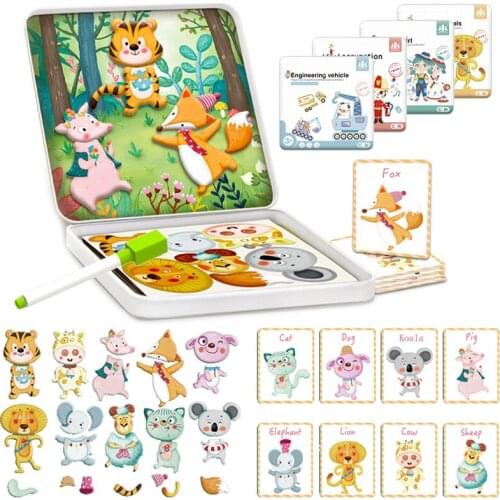 Children Magnetic Scene Puzzle Drawing Board Set Toy Learning Education Writing Blackboard Animal Girls Game Puzzle Card Tin Box