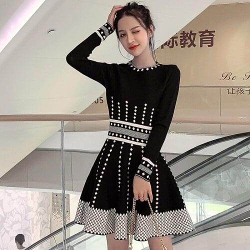 Elegant Lady Autumn Winter Dress Woman Clothes 2020 New Fashion Long Sleeve Vintage Plaid Print Casual Knitting Sweater Dresses