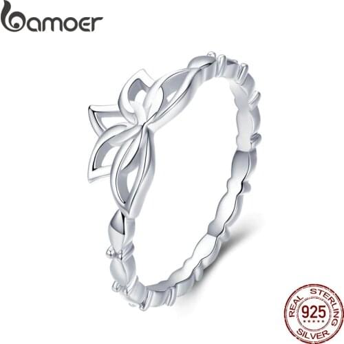 BAMOER Elegant Authentic 925 Sterling Silver Lotus Flower Finger Rings Flower Rings for Women Sterling Silver Jewelry BSR018
