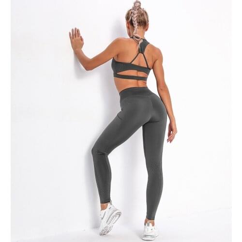 NORMOV Sexy Stripes Pocket Sets Women Seamless High Waist Fitness Two-Piece Suit Woman Slim Elastic Push Up Bras Set Workout