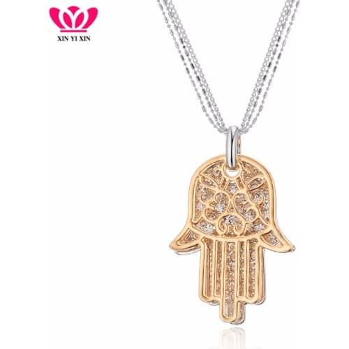 Crystal Hand Hamsa Big Pendant Necklace Double-Side Gold Color Chain Long Necklace For Women Fashion Jewelry Gifts Wholesale