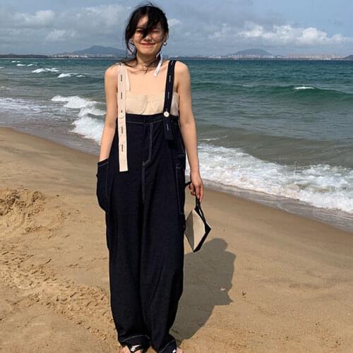 Fashion strap pants womens spring and summer new Korean loose wide leg jeans fashion jeans for women