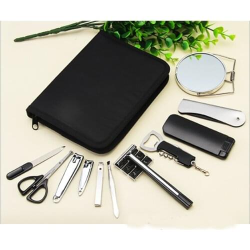 12Pcs/set Men Boy Travel Professional Nail Manicure Set Grooming Kit Include Nail Clipper Tweezer Mirror Nail File Razor Scissor