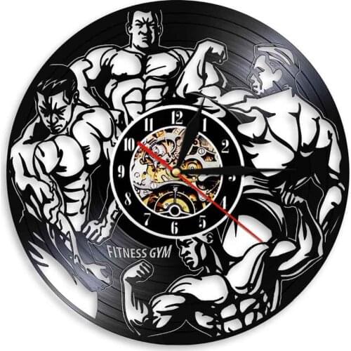 Mens Health Fitness GYM Workout Wall Watch Muscle Men Bodybuilding Vinyl Record Wall Clock Fitness Center Home Decor Boys Gift