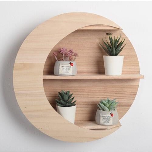 Wooden Moon Shape Wall Decor Wooden Wall Mounted Storage Rack Holder Wood Hanging Shelves Decoration Home Decor
