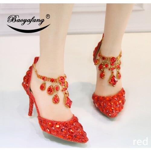 BaoYaFang New arrival Crystal wedding shoes women Red/Silver/shining crystal Thin heels womens party dress shoes Summer sandals