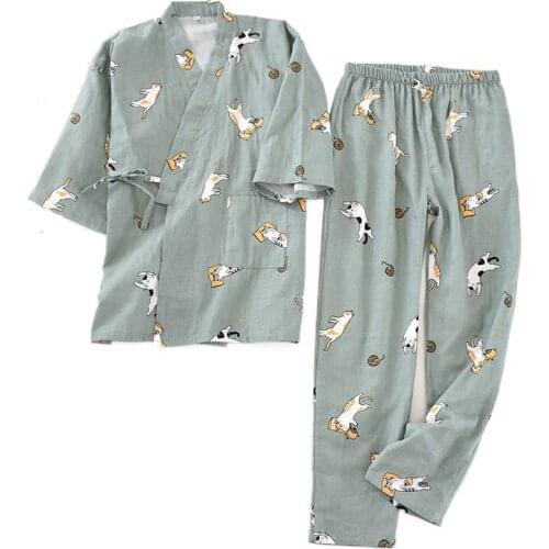 Couple Japanese Kimono Pajamas Suit Kitten Cartoon Trousers Sleep Wear Summer Lace Up Men/Women Pijamas De Mujer