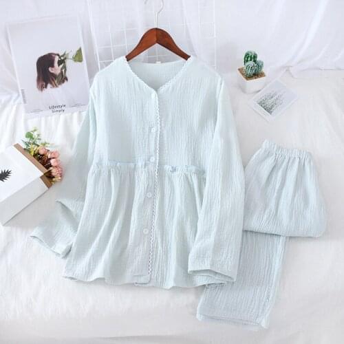 Pajamas women spring and autumn thin section long-sleeved cotton gauze fresh and cute cardigan V-neck summer home service suit