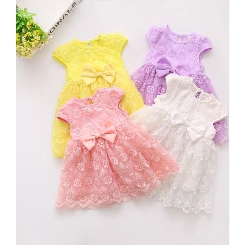 Lovely summer new baby girls cute round collar bow net veil dress children short sleeve Princess Wedding dress