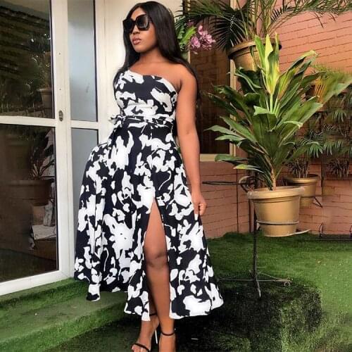 2021 New Arrival Famous Brand Dress Print One Shoulder Belt Summer Casual Maxi Dress Vestidos