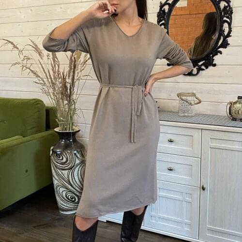 Colorfaith New 2021 Womens Autumn Winter Dress Knitted Split Elegant Oversized Lace Up Vintage Long The Shift Dresses DR1381JX