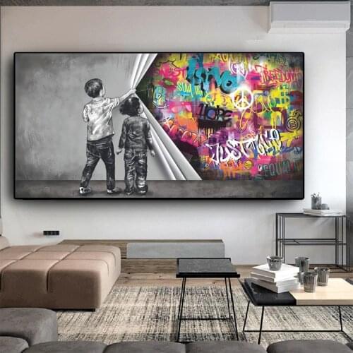 Modern Graffiti Art Childrens on Stage Show Curtain Canvas Art Posters Prints Wall Pictures for Living Room Home Cuadros Decor