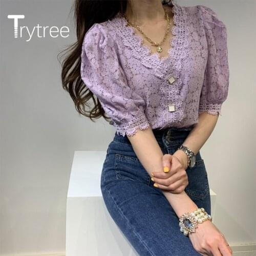Trytree 2020 Summer Women Casual Blouse V-neck Button Lace 3 Color Puff Sleeve Hollow Out Fashion All-Purpose Style Blouse Tops