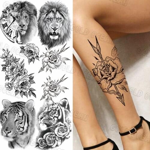 Rose Flower Arrow Temporary Tattoos For Women Men Realistic Lion Compass Tiger Fake Tattoo Sticker Charming Leg Chest Tatoos